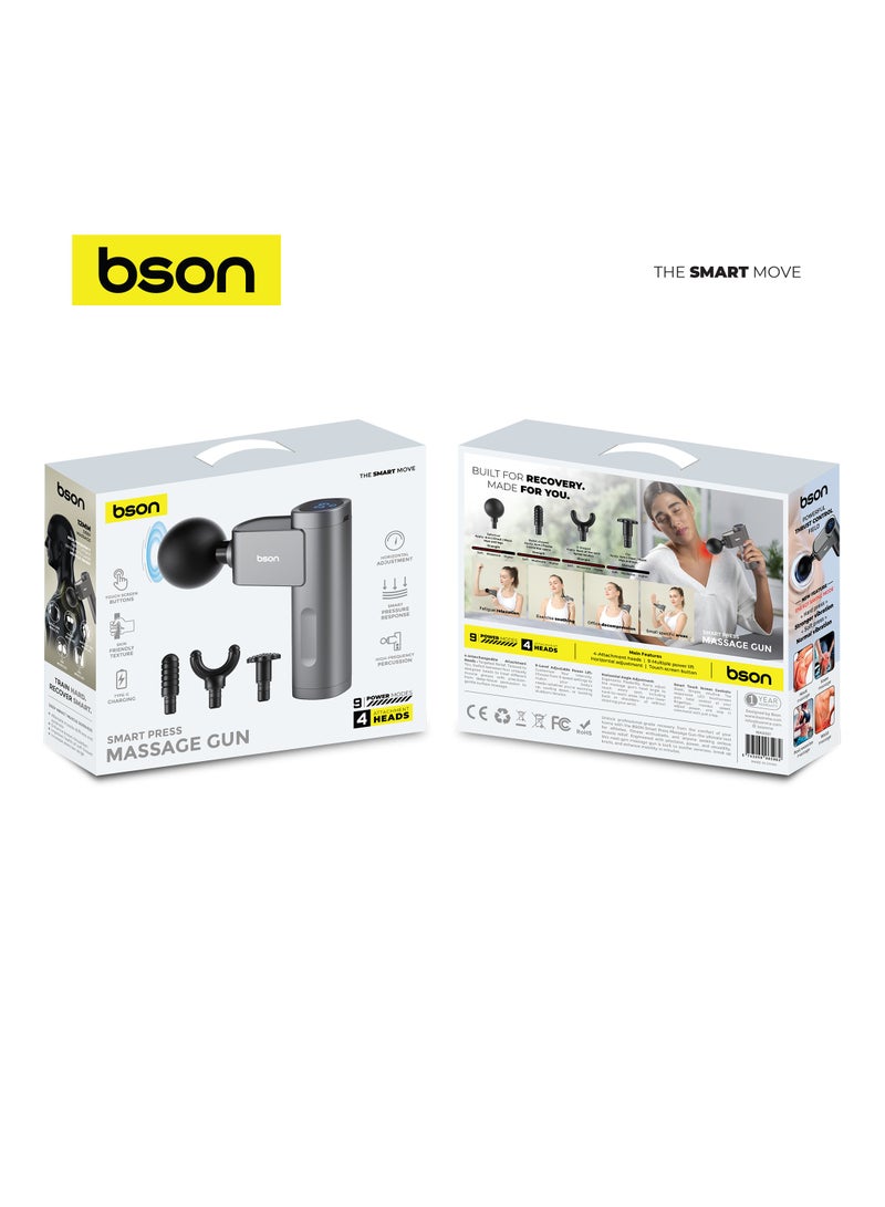 BSON مسدس تدليك ذكي مع 9 أوضاع طاقة، 4 رؤوس، تحكم باللمس - استجابة ضغط ذكية، 12 مم تدليك عميق، شحن سريع من نوع C، قوام صديق للبشرة لتخفيف العضلات - Image 2