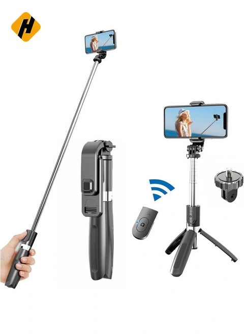 Selfie Stick, Extendable Selfie Stick with Tripod Stand and Detachable Wireless Bluetooth Remote, Ultra Compact Selfie Stick for Mobile and All Smart Phones – Black