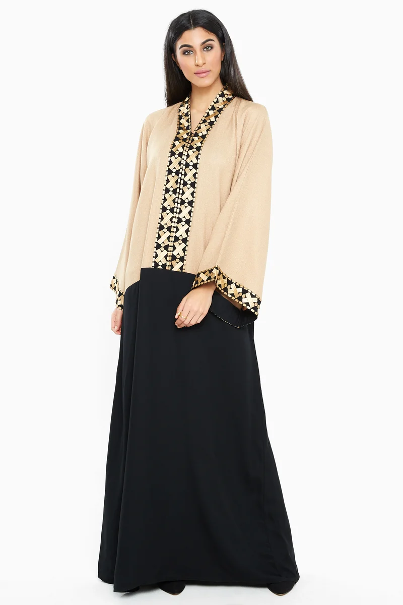 النخبة A classy abaya with golden lace detailing by the sleeves and closure-AJ157A