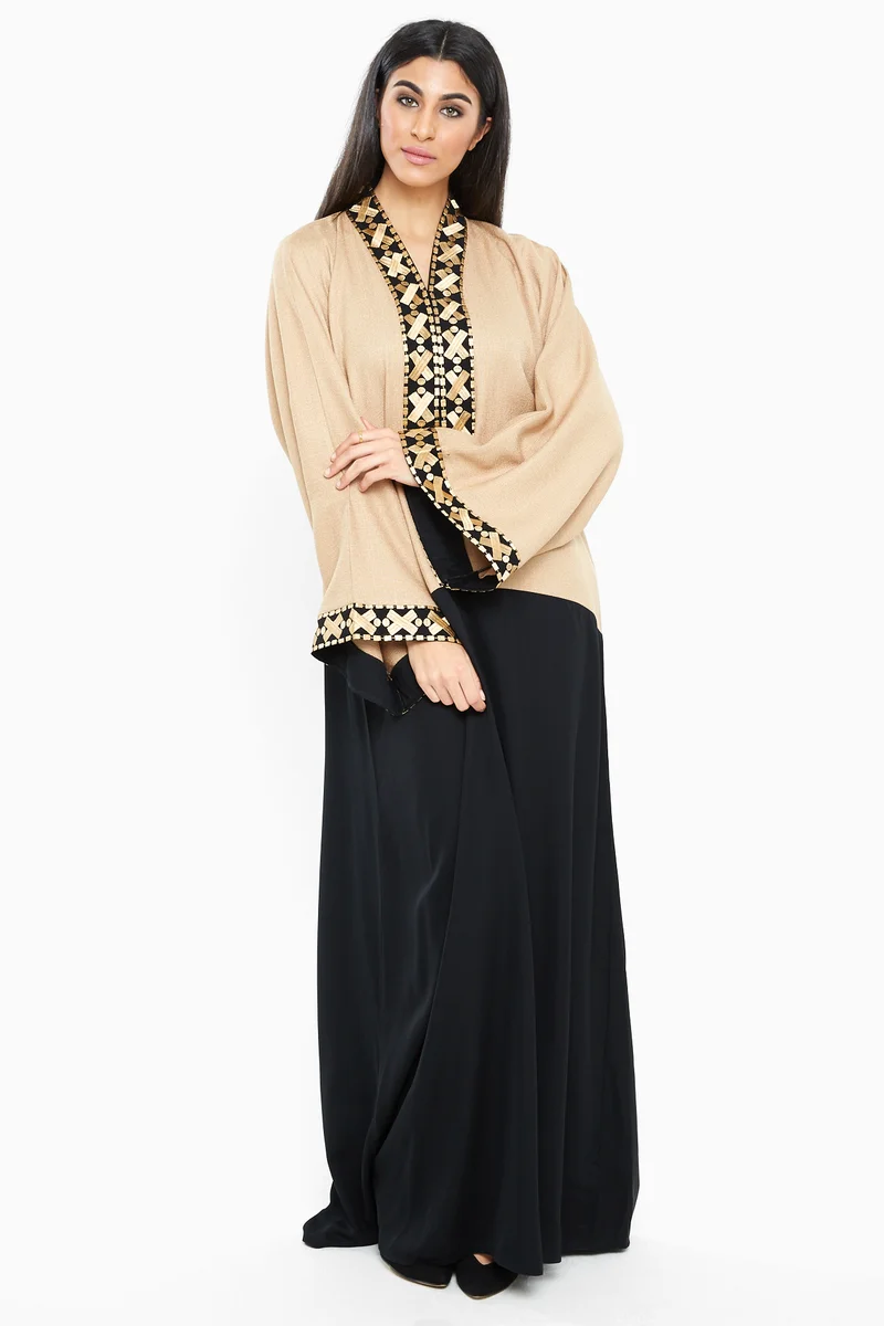 النخبة A classy abaya with golden lace detailing by the sleeves and closure-AJ157A