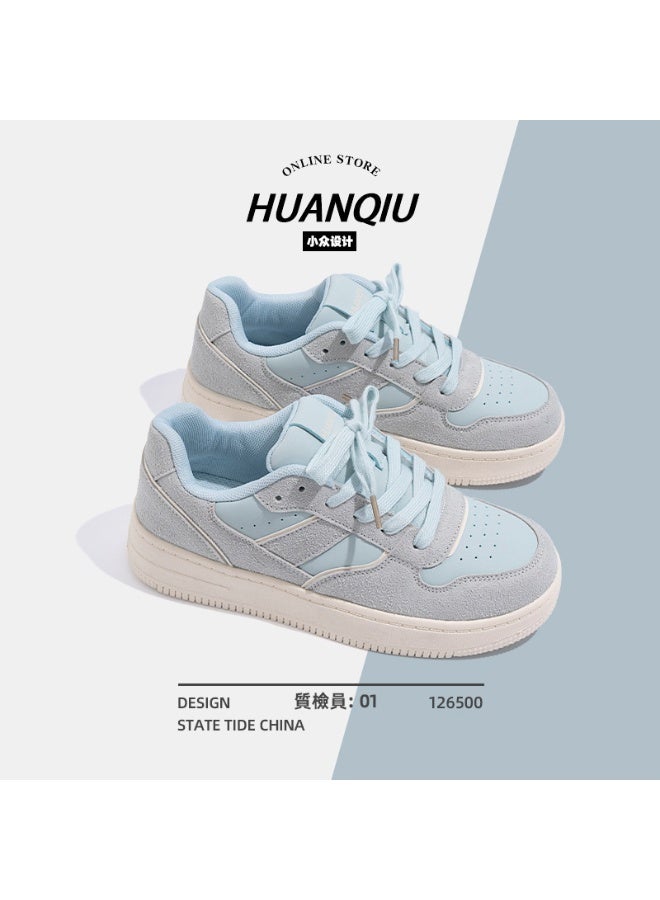 HUANQIU Women's Niche Design Sneakers, Light Blue Gray Color Block, Suede Casual Shoes, Fashion Versatile Platform Shoes - Image 2