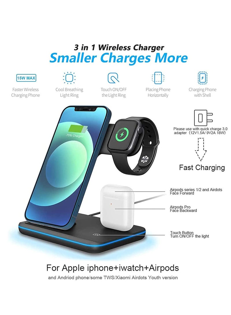 شاحن لاسلكي عالمي 15 واط 3 في 1، قاعدة شحن سريعة لـ iPhone X وXs وXs Max وXr و8 و8 Plus، قاعدة شحن سريعة Quick Charge 3.0 لـ Apple Airpods وiWatch 1 و2 و3 و4 - Image 3