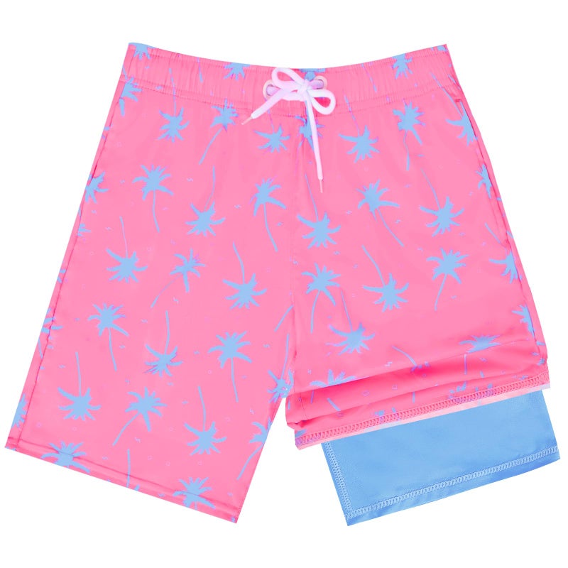 OlyPegic Boys Swim Trunks with Boxer Brief Liner Compression Boy Bathing Suit Quick Dry Beach Swimsuit Toddler Swim Shorts, Pink Coconut Tree, 10-12 Years - Image 1