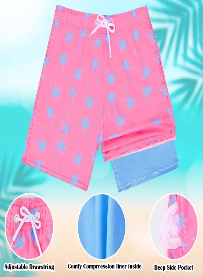 OlyPegic Boys Swim Trunks with Boxer Brief Liner Compression Boy Bathing Suit Quick Dry Beach Swimsuit Toddler Swim Shorts, Pink Coconut Tree, 10-12 Years - Image 2