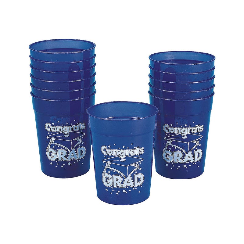 Fun Express 12 Pieces Congrats Grad Plastic Cups for Graduation 10 oz BPA Free Plastic Graduation Party Supplies Print Tableware Print Cups Blue