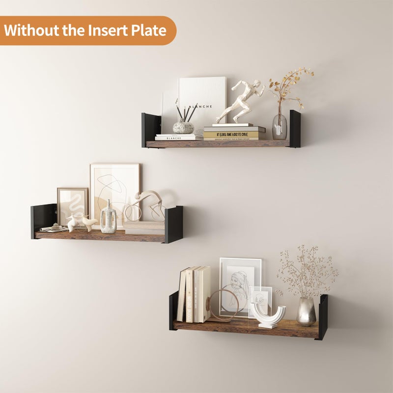 Serwrsw Black Floating Shelves with Removable Insert Plate Set of 3, Wooden Display Shelves, Rustic Decorative Wall Shelves for Living Room, Bedroom, Kitchen - Image 4