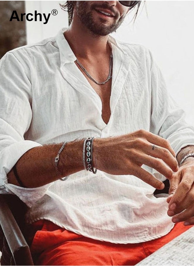 Archy Men's Long Sleeve Linen Beach Casual Cotton Summer Lightweight Button-Up Shirts  - Image 3