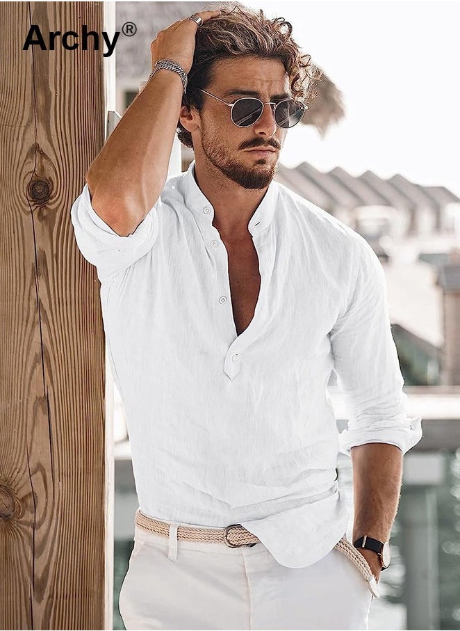 Archy Men's Long Sleeve Linen Beach Casual Cotton Summer Lightweight Button-Up Shirts  - Image 2