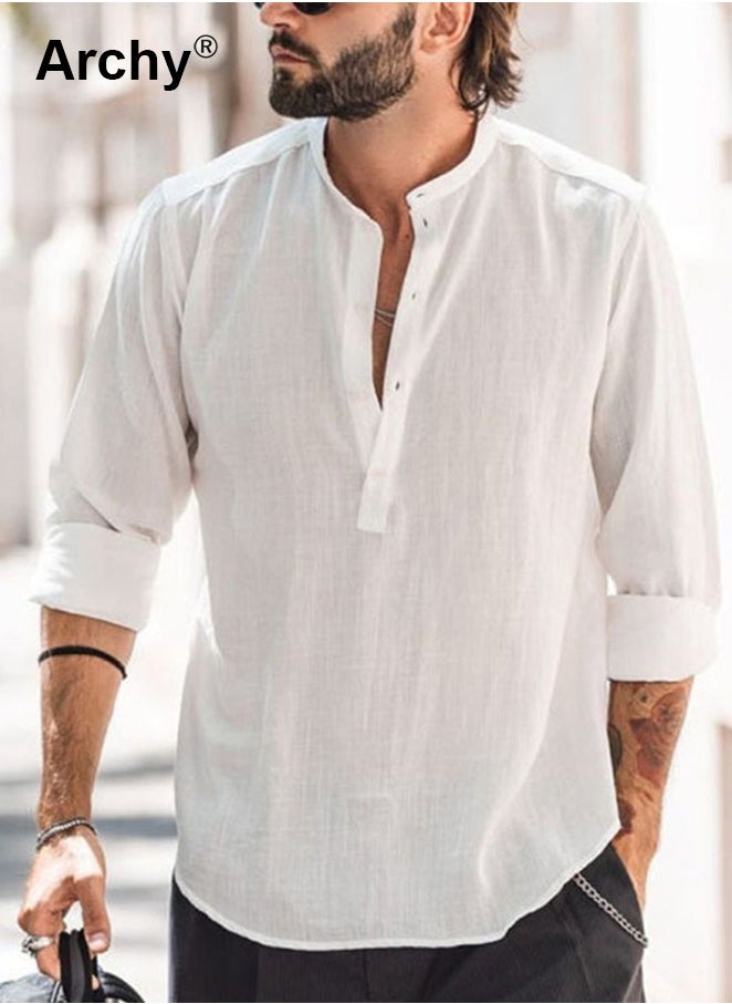 Archy Men's Long Sleeve Linen Beach Casual Cotton Summer Lightweight Button-Up Shirts  - Image 1