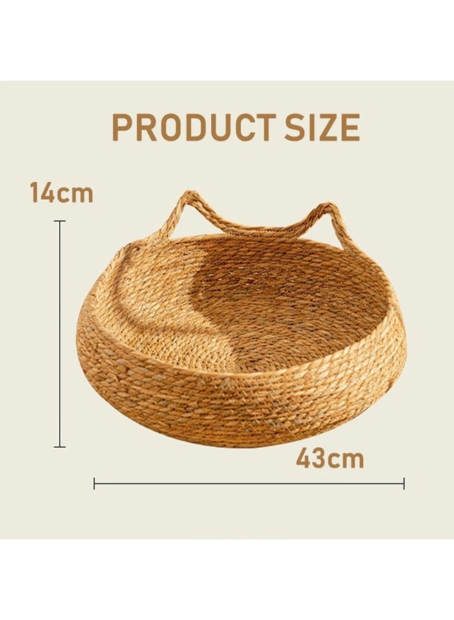Hand-Made Rattan Round Cat Bed, Cute Woven Pets House With Soft Cushion, Used As Cat Scratching Board, Removable And Washable Natural Wicker Pet House For Cats Or Small Dogs 43x43x14 Cm - Image 2