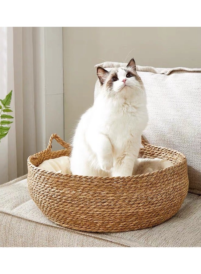 Hand-Made Rattan Round Cat Bed, Cute Woven Pets House With Soft Cushion, Used As Cat Scratching Board, Removable And Washable Natural Wicker Pet House For Cats Or Small Dogs 43x43x14 Cm - Image 3