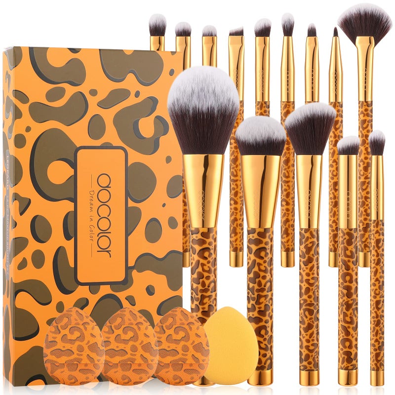 Docolor Makeup Brushes Leopard 14pcs Premium Synthetic Foundation Powder Concealers Eye shadows Blush Makeup Brush Set with 4pcs Makeup Puffs - Image 1