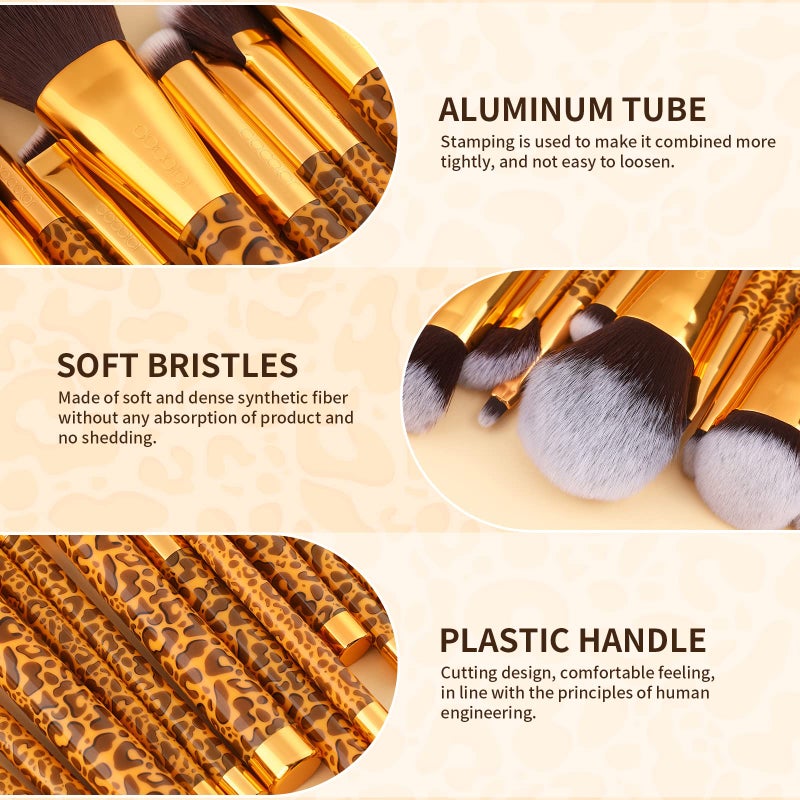 Docolor Makeup Brushes Leopard 14pcs Premium Synthetic Foundation Powder Concealers Eye shadows Blush Makeup Brush Set with 4pcs Makeup Puffs - Image 3
