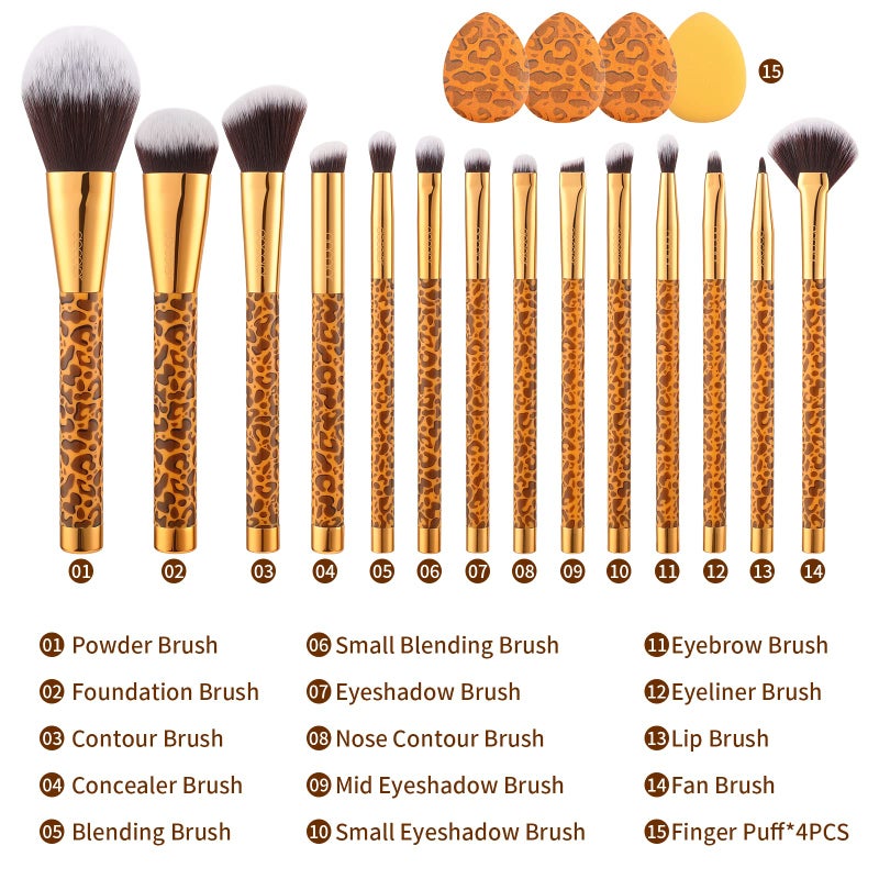 Docolor Makeup Brushes Leopard 14pcs Premium Synthetic Foundation Powder Concealers Eye shadows Blush Makeup Brush Set with 4pcs Makeup Puffs - Image 4
