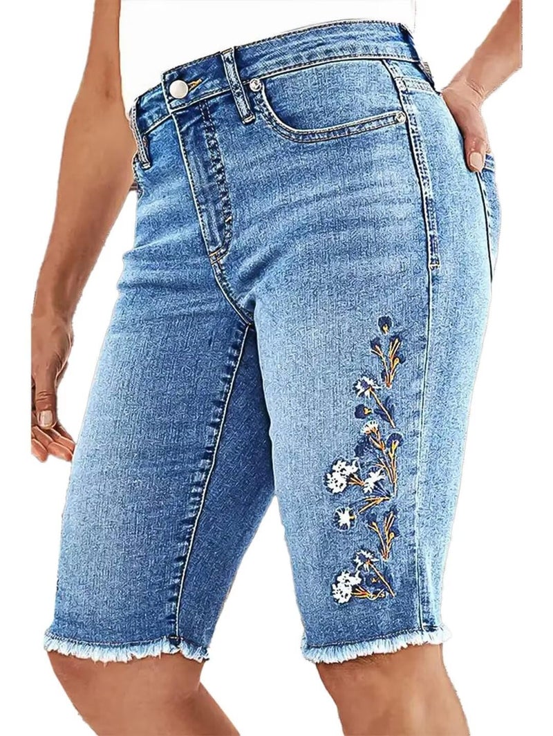 Flamingals Women's Casual Denim Shorts Mid Rise Stretchy Raw Hem Floral Embroidery Bermuda Shorts Mid Blue L - Image 1