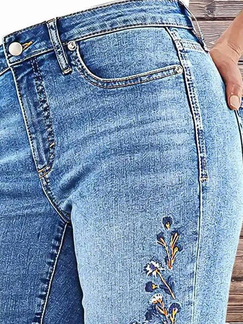 Flamingals Women's Casual Denim Shorts Mid Rise Stretchy Raw Hem Floral Embroidery Bermuda Shorts Mid Blue L - Image 4