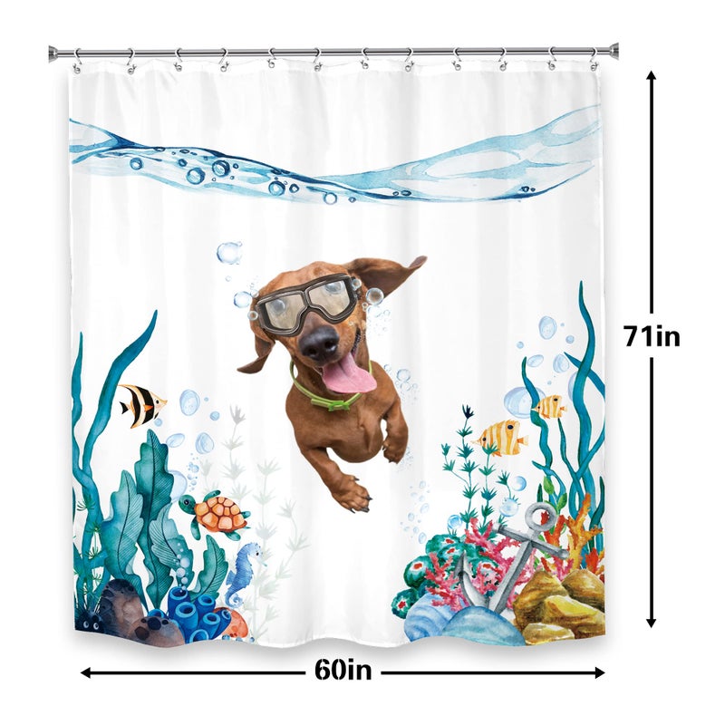 LGhtyro Funny Dog Kids Dachshund Shower Curtain Bathroom Set 60Wx71H Inches Teal Blue Sea Ocean Nautical Cute Fish Turtle Anchor Coral Underwater Bath Accessories Art Home Decor Fabric 12 Pack Hooks - Image 5