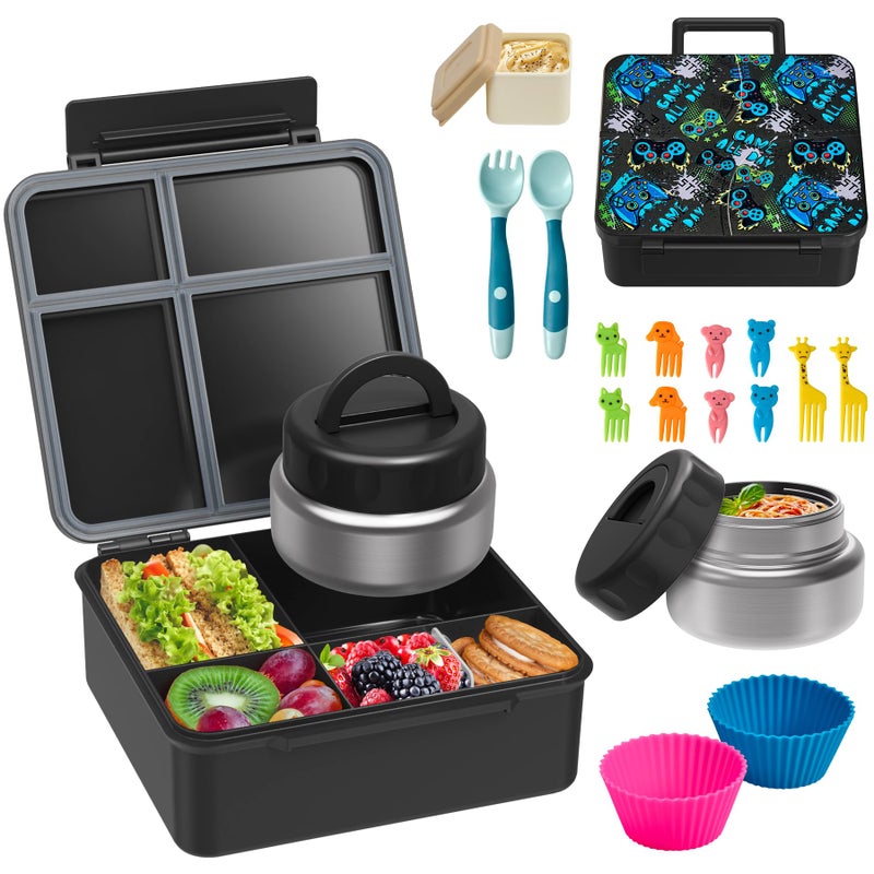 BABHAMNESS Bento Lunch Box with 9.5 oz Soup Thermo, Kids Leakproof 4 Compartments Bento Box with Silicone Cupcake,Fruit Fork,Spoon and Sauce Cup,Insulated Food Jar for School Travel-Game - Image 1
