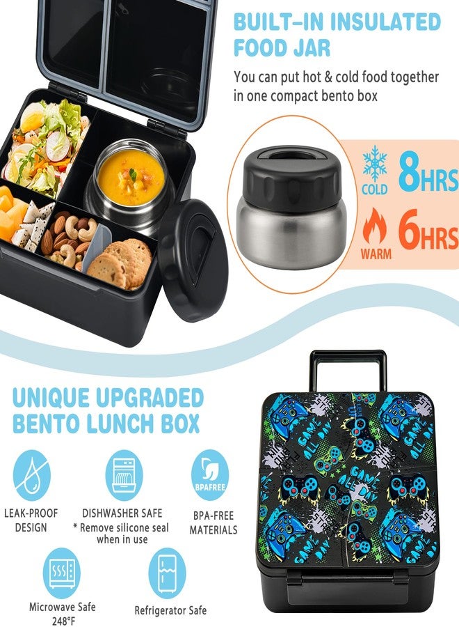 BABHAMNESS Bento Lunch Box with 9.5 oz Soup Thermo, Kids Leakproof 4 Compartments Bento Box with Silicone Cupcake,Fruit Fork,Spoon and Sauce Cup,Insulated Food Jar for School Travel-Game - Image 4