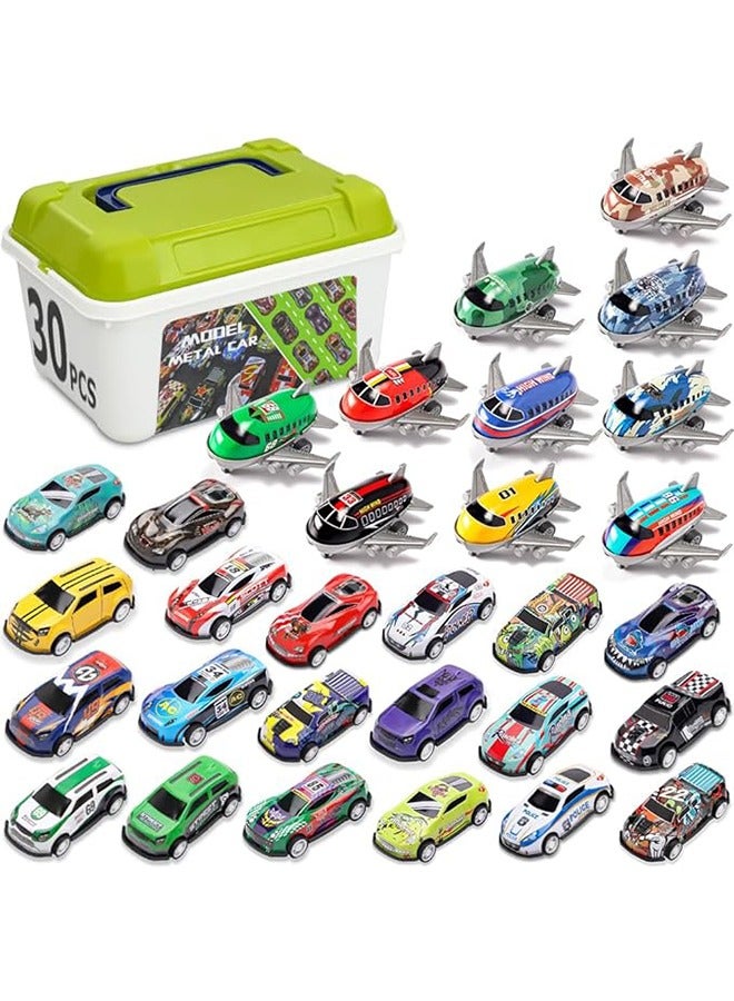 30 Pcs Pull Back Toy Cars Airplanes with Storage Box, Alloy Mini Race Push and Pull Back Cars Planes Vehicles Toys for Kids, Party Favors Toy Cars Suitable for 3+ Years Gifts for Kids  - Image 1