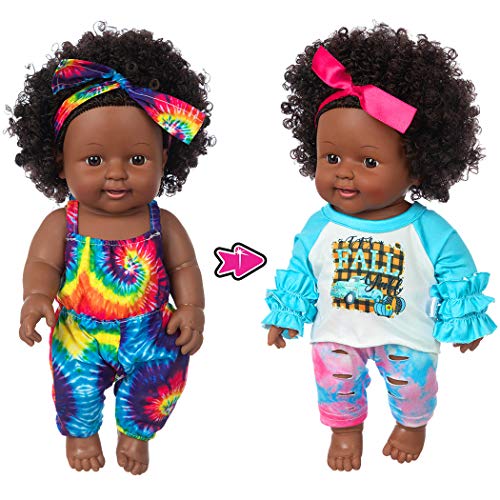 iBayda One-Piece 12 inch Realistic Black Baby Girl Doll Toy African-American Washable Silicone Baby Doll with 2-Sets Doll Clothes - Image 1