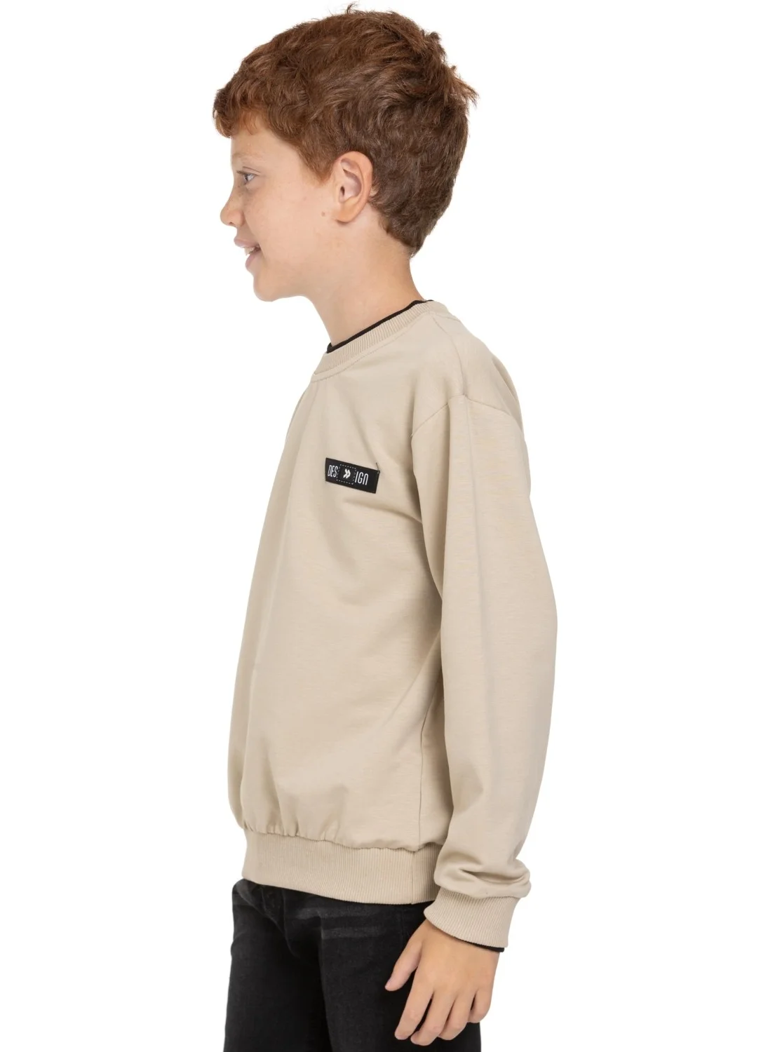 Zepkids Beige Color Boy's Sweatshirt with Garnished Collar and Sleeves
