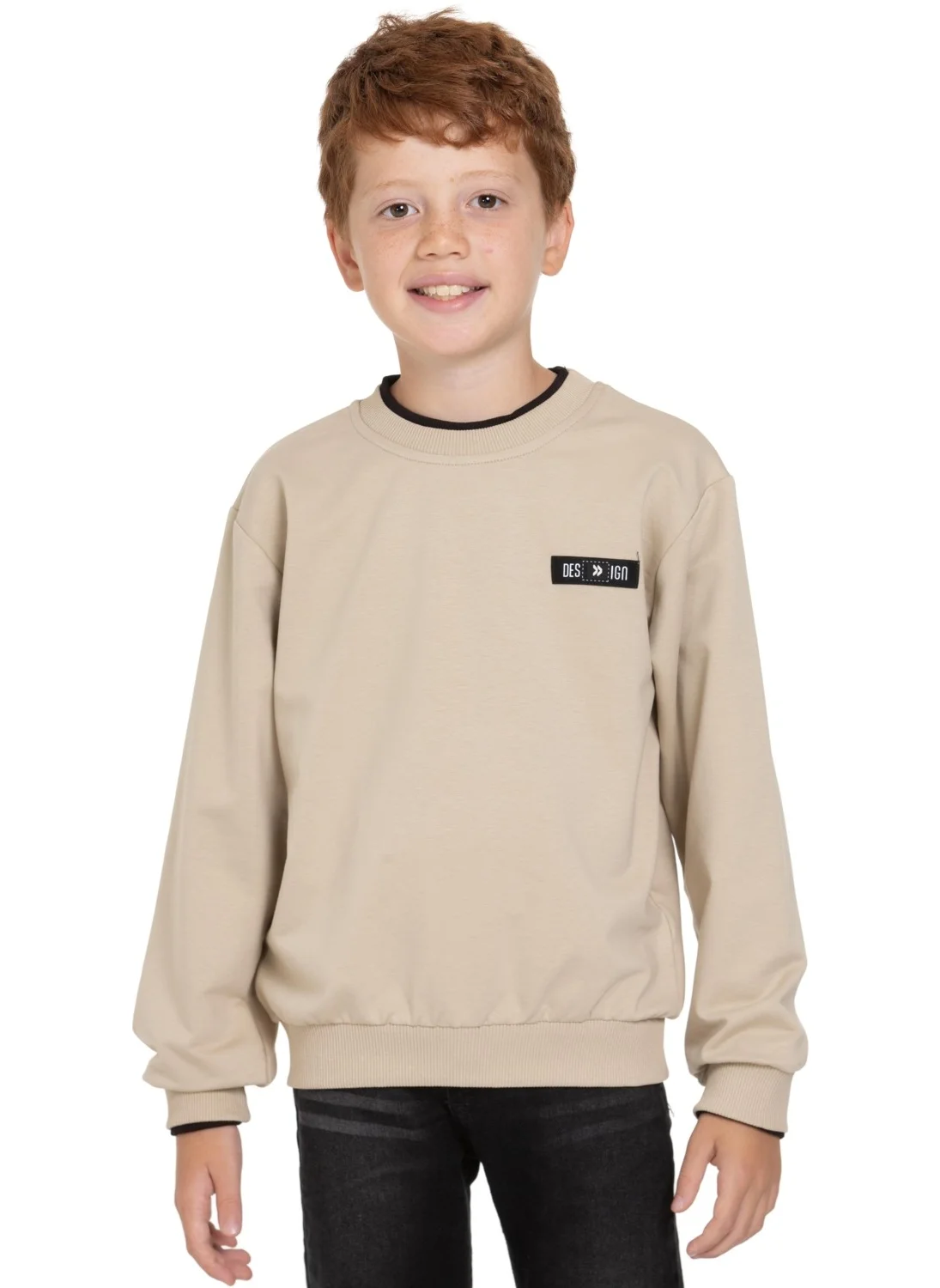Zepkids Beige Color Boy's Sweatshirt with Garnished Collar and Sleeves