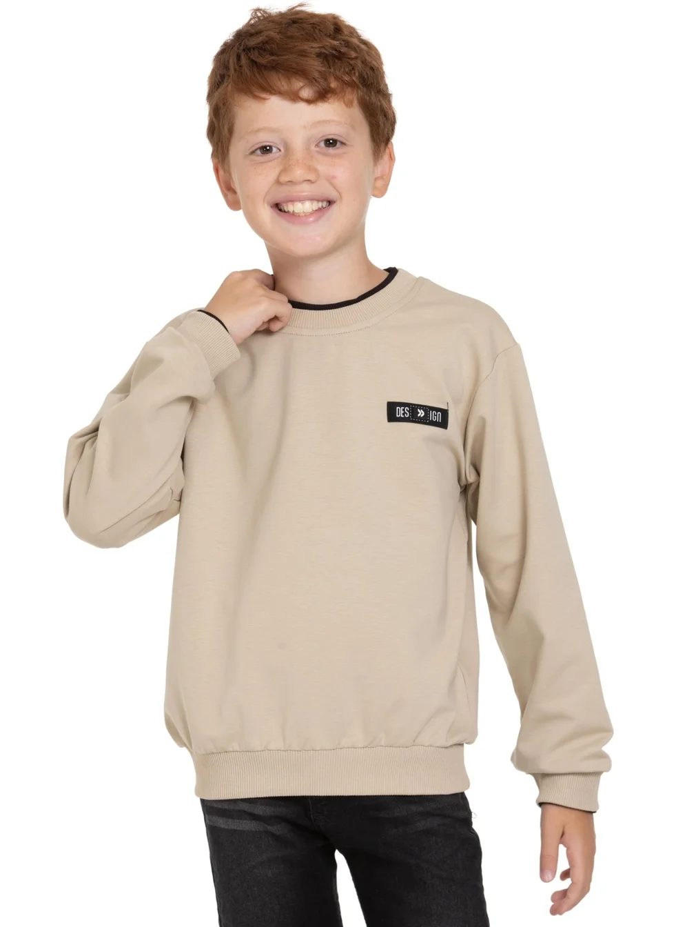 Zepkids Beige Color Boy's Sweatshirt with Garnished Collar and Sleeves