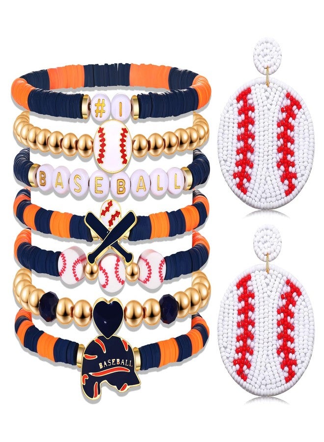 PHALIN Baseball Bracelets Earrings for Women Stackable Preppy Beaded Heishi Bracelets Beaded Dangle Earrings Game Day Sports Baseball Mom Jewelry Accessories Party Favors (Orange Navy) - Image 1