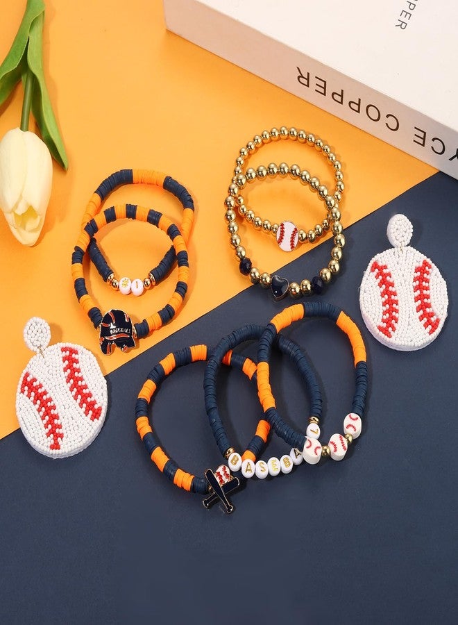 PHALIN Baseball Bracelets Earrings for Women Stackable Preppy Beaded Heishi Bracelets Beaded Dangle Earrings Game Day Sports Baseball Mom Jewelry Accessories Party Favors (Orange Navy) - Image 4