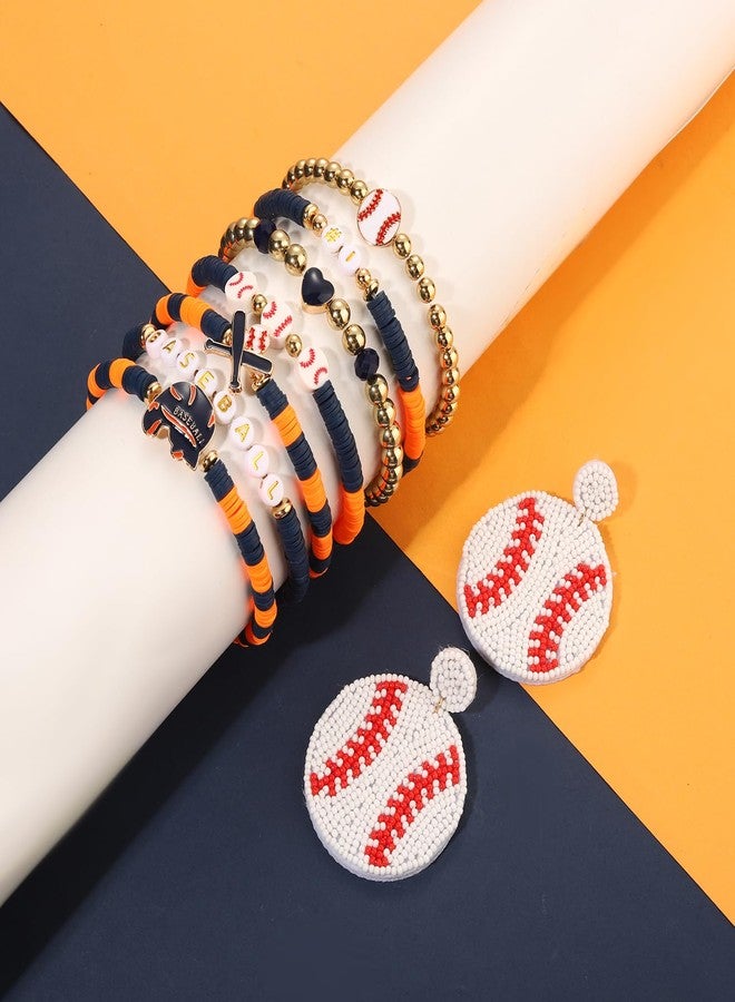 PHALIN Baseball Bracelets Earrings for Women Stackable Preppy Beaded Heishi Bracelets Beaded Dangle Earrings Game Day Sports Baseball Mom Jewelry Accessories Party Favors (Orange Navy) - Image 2