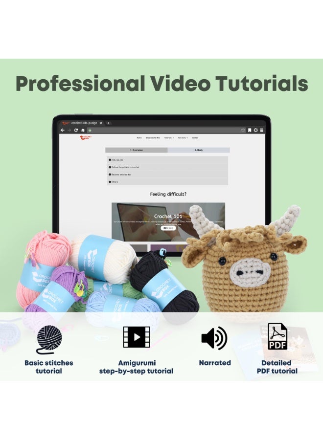 Kit for Beginners: Highland Cow Crochet Kit, Learn to Crochet, Includes Easy Knitting Soft Yarn, Step-by-Step Video Tutorial, Hook, Holiday Birthday Gift for Adults and Teen(30%+ Yarn) - Image 4