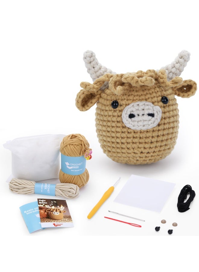 Kit for Beginners: Highland Cow Crochet Kit, Learn to Crochet, Includes Easy Knitting Soft Yarn, Step-by-Step Video Tutorial, Hook, Holiday Birthday Gift for Adults and Teen(30%+ Yarn) - Image 1