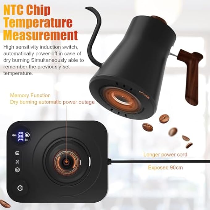 BIGTHREE Electric Kettle Gooseneck With Wooden Handle Stainless Steel Water Boiler With Temperature Display Pour Over Kettle For Coffee And Tea Keep Warm Function 1L - Image 2