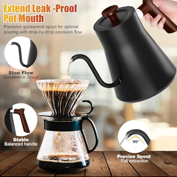 BIGTHREE Electric Kettle Gooseneck With Wooden Handle Stainless Steel Water Boiler With Temperature Display Pour Over Kettle For Coffee And Tea Keep Warm Function 1L - Image 4
