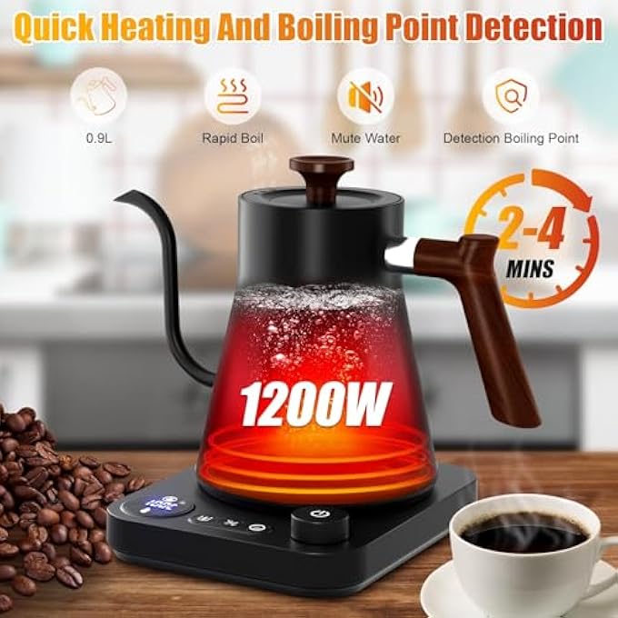 BIGTHREE Electric Kettle Gooseneck With Wooden Handle Stainless Steel Water Boiler With Temperature Display Pour Over Kettle For Coffee And Tea Keep Warm Function 1L - Image 3