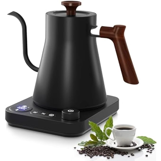 BIGTHREE Electric Kettle Gooseneck With Wooden Handle Stainless Steel Water Boiler With Temperature Display Pour Over Kettle For Coffee And Tea Keep Warm Function 1L - Image 1