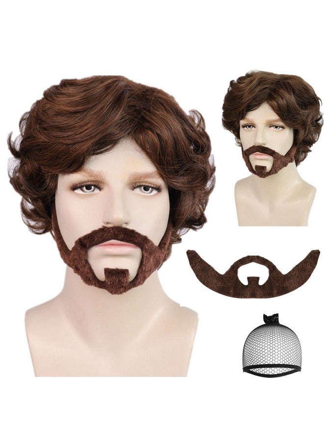 ANOGOL Anogol Hair Cap+ Mustache Short Brown Wig for Men Boys Short Curly Fluffy Professor Wig with Bang for Anime Cosplay Halloween Daily Life Men Wigs for Christmas Party  - Image 1