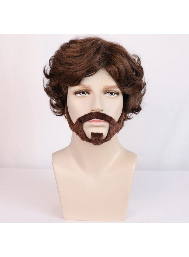 ANOGOL Anogol Hair Cap+ Mustache Short Brown Wig for Men Boys Short Curly Fluffy Professor Wig with Bang for Anime Cosplay Halloween Daily Life Men Wigs for Christmas Party  - Image 3