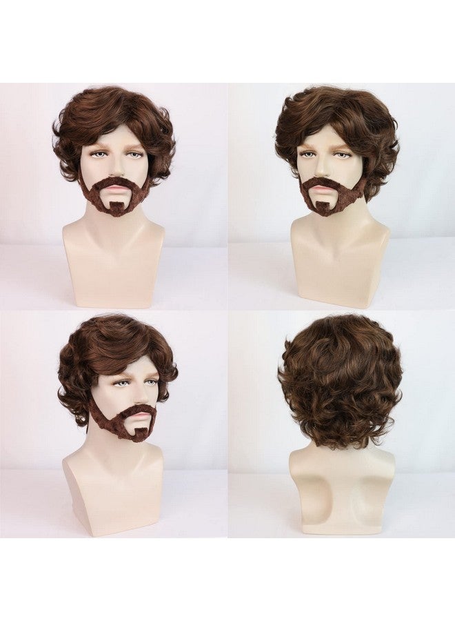 ANOGOL Anogol Hair Cap+ Mustache Short Brown Wig for Men Boys Short Curly Fluffy Professor Wig with Bang for Anime Cosplay Halloween Daily Life Men Wigs for Christmas Party  - Image 5