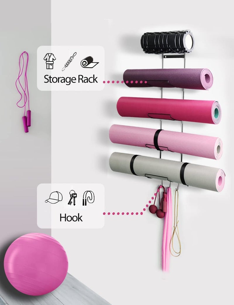 MRZZATA 5-Tiers Yoga Mat Holder Wall Mount, Metal Storage Rack for Yoga Mat/Wheels, Foam Roller and Block etcs, Wall Rack Organizer with 3-Hooks for Hanging Stretching Strap & Resistance Bands（2 Pack） - Image 2