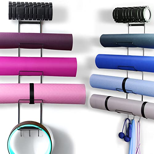 MRZZATA 5-Tiers Yoga Mat Holder Wall Mount, Metal Storage Rack for Yoga Mat/Wheels, Foam Roller and Block etcs, Wall Rack Organizer with 3-Hooks for Hanging Stretching Strap & Resistance Bands（2 Pack） - Image 1