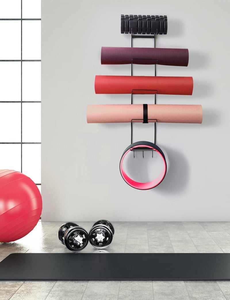 MRZZATA 5-Tiers Yoga Mat Holder Wall Mount, Metal Storage Rack for Yoga Mat/Wheels, Foam Roller and Block etcs, Wall Rack Organizer with 3-Hooks for Hanging Stretching Strap & Resistance Bands（2 Pack） - Image 5