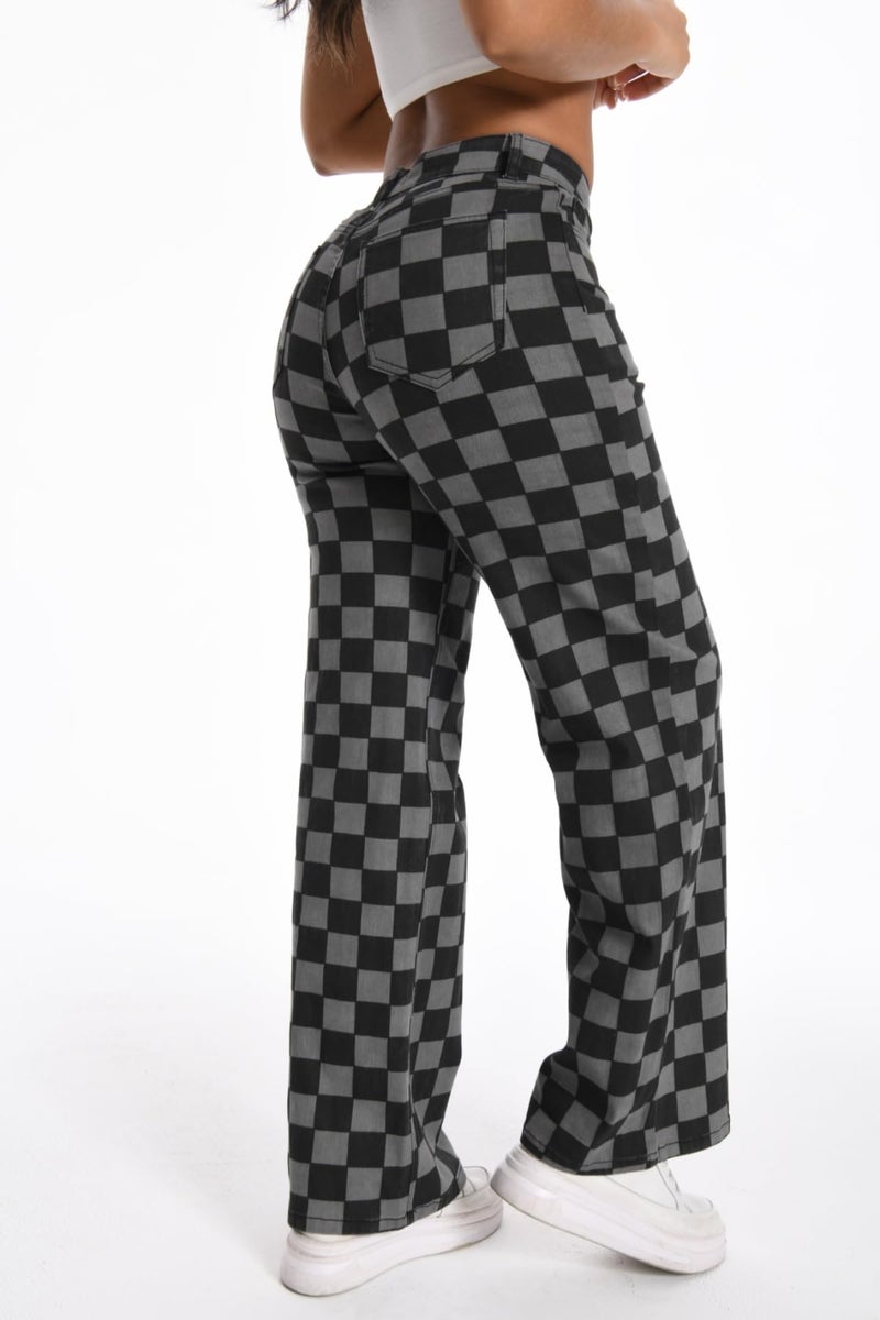 ONESO Mid-Low Rise Baggy Jeans Wide Leg for Women Checkered Loose Denim Pants Stretchy Bottom Lady Comfortable Denim - Image 2