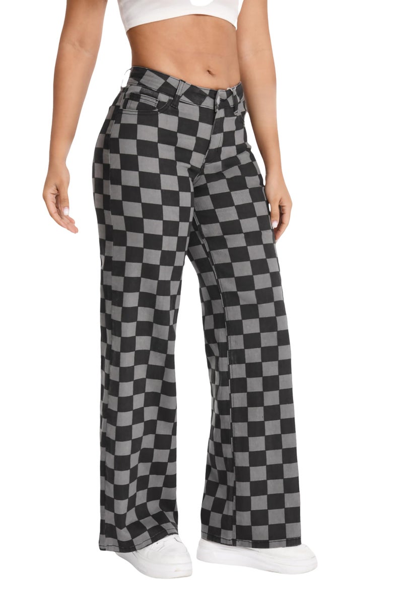 ONESO Mid-Low Rise Baggy Jeans Wide Leg for Women Checkered Loose Denim Pants Stretchy Bottom Lady Comfortable Denim - Image 1