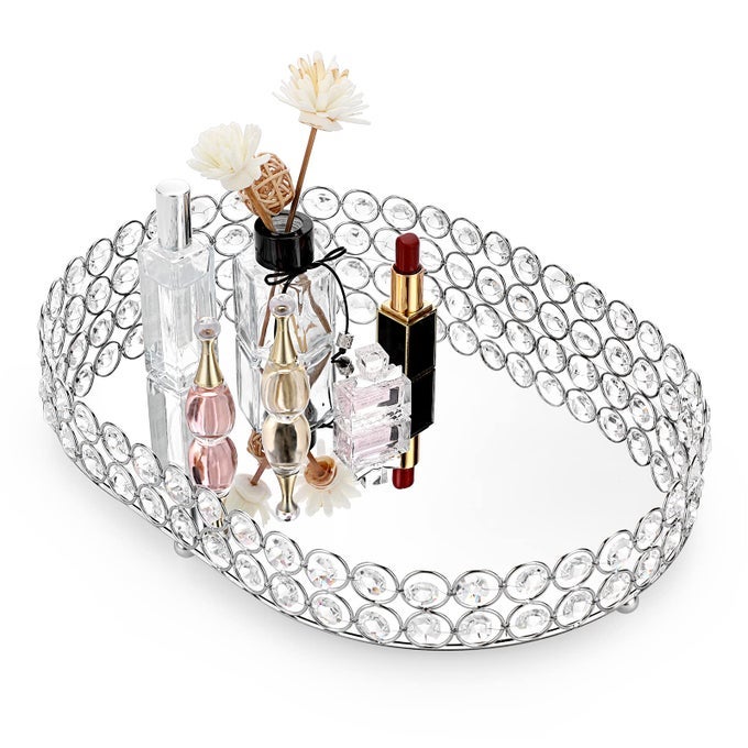 CRYSTAL VANITY TRAY MIRRORED DRESSER PERFUME TRAYS FOR MAKEUP TRAY COSMETIC SKIN CARE STORAGE JEWELRY TRINKET ORGANIZER TRAY FOR BATHROOM COUNTERTOP HOME DECOR LARGE