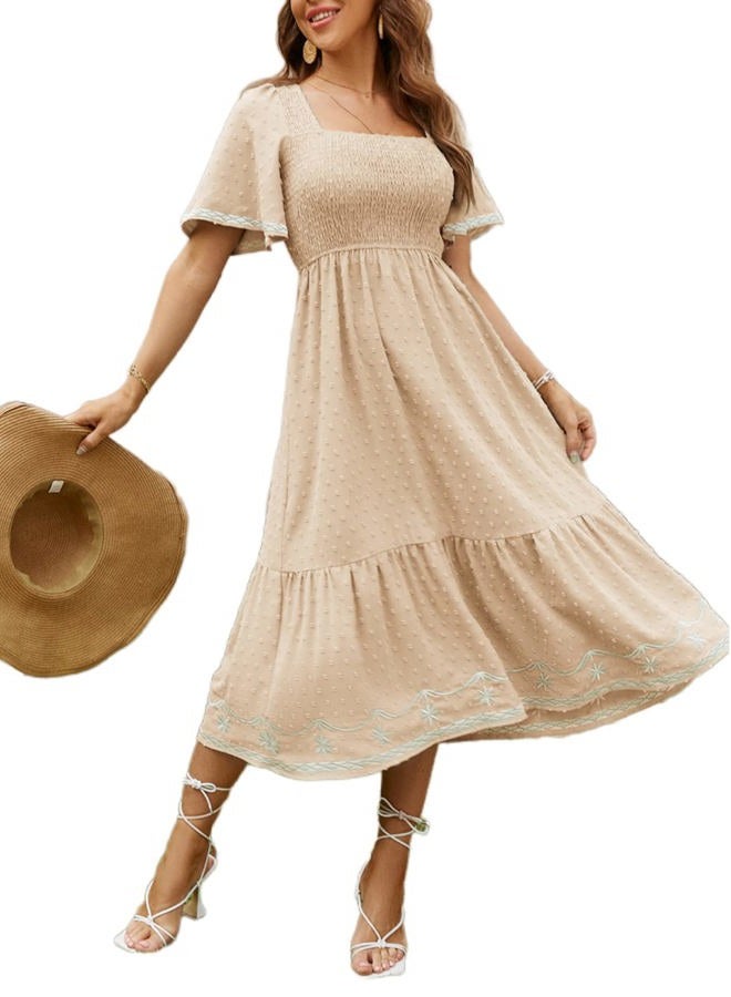 Glamaker Women's Short Sleeve Smocked Square Neck A Line Summer Flowy Maxi Long Dress, 01-lake Green, M - Image 1