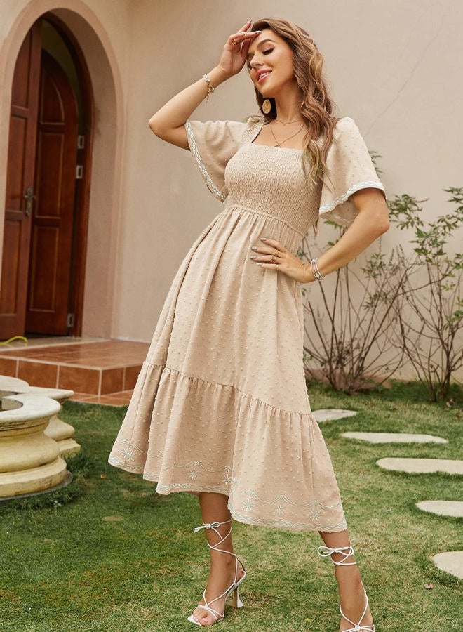 Glamaker Women's Short Sleeve Smocked Square Neck A Line Summer Flowy Maxi Long Dress, 01-lake Green, M - Image 2