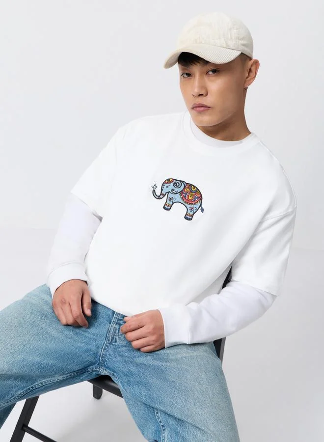 The Souled Store  Men White Embroidered Elephant Crew Neck Oversized Fit T-Shirt for Men | Best Price UAE