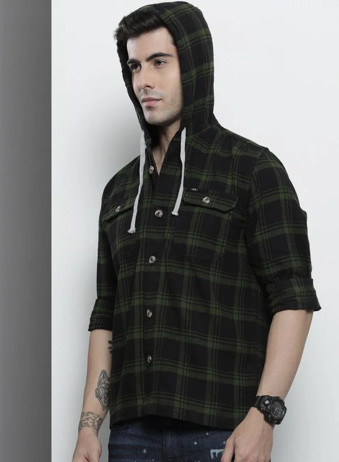 شركة المرآب الهندية Men Regular Fit Checkered Full Sleeves Hooded Double Flap Pocket Casual Over Shirt